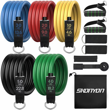 SKONYON 抵抗バンドセット、抵抗チューブ 11 個、150 ポンド、100% 天然ラテックス、エクササイズバンド、筋肉トレーニング、理学療法、ボディシェイプ、ホームワークアウト用の 5 本のチューブフィットネスバンド